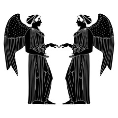 Symmetrical design with two standing winged ancient Greek goddesses or angels. Black and white silhouette.  - obrazy, fototapety, plakaty
