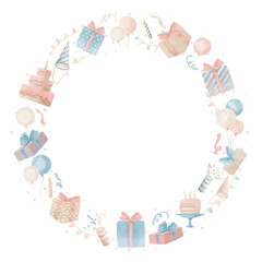 Round Frame for Happy Birthday. Watercolor hand drawn Template with balloons and gifts for celebration. Illustration with cake and garlands for greeting cards or invitations on isolated background.