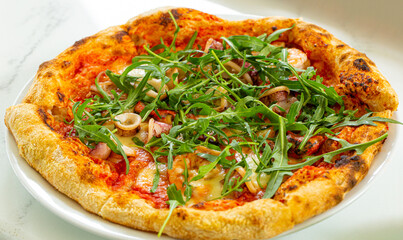 pizza,pizza vegetable tomato, pickles, mushrooms vegan or vegetarian no meat on the table healthy snack top view copy space food background rustic