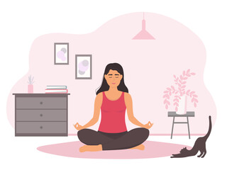 The girl is sitting in the lotus position in the room on the floor. A woman does yoga asanas alone at home. Vector graphics.