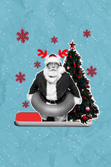 Vertical collage picture of funny mini santa claus black white gamma inflatable circle newyear tree...
