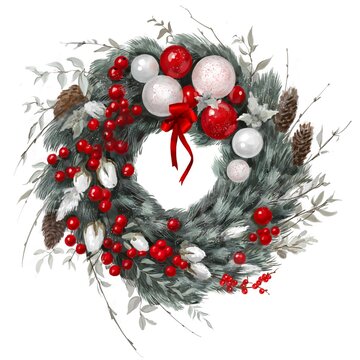 Christmas wreath of blue spruce branches with silver, red balls and red berries. Watercolor hand drawing. Idea for books, postcards, stickers, posters.