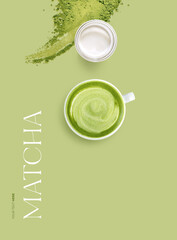 Creative layout made of matcha tea, powder and milk on the green background. Flat lay. Food...
