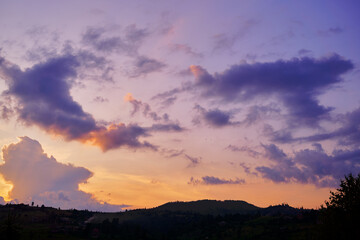 Beautiful mountains landscape with sunset sky. Carpathians, Ukraine.