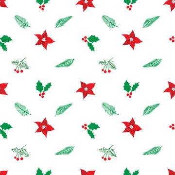 Vector pattern with Christmas flowers, mistletoe, red-green plant, Christmas