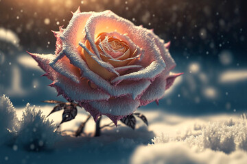  illustration of blossom big pink rose covered with snow, snow fall