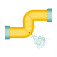 Broken pipes with a leak of steam or lead gas, rupture of the pipeline. Dripping faucet, problems with water supply, broken pipes. Wind illustration isolated on white background.