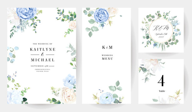 Dusty blue rose, white hydrangea, ranunculus, magnolia, eucalyptus, greenery, juniper, anemone vector design frames