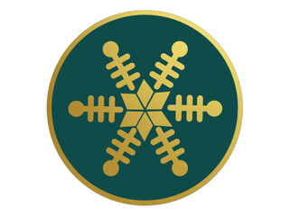 Gold snowflake circle, element, ring, green emerald, teal background, falling snow partical, winter theme design, christmas, holiday, isolated, contrast icon, trendy color mix, rounded shape, minimal