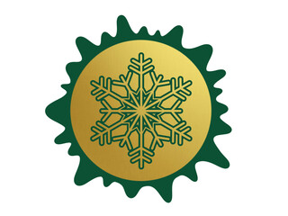 Snowflake in the golden circle element, coin, melting edge, green emerald background, copy space, snow, winter theme design, christmas, holiday, isolated, star, icon, luxury particle, rounded shape