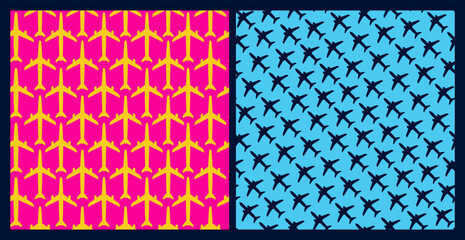 Airplane seamless pattern. Set of Seamless pattern, aircraft. Editable can be used for web page backgrounds, flights, travel, pattern fills. Vector illustration. Isolated on colored background.