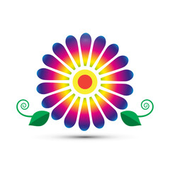 Abstract colorful flower symbol with leaves isolated on white background - vector