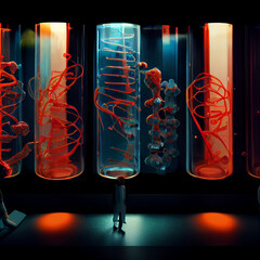Laboratory environment drawn by AI. Scientific, Test Tubes, micro-organisms.