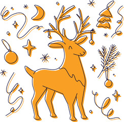 Magic linear Christmas and New Year deer clipart set. Cute and folk festive elk. Winter floral elements. Wild nature vector illustration.