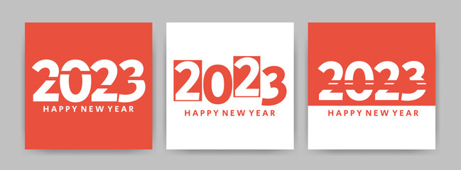 2023 Happy New Year posters set. Minimalistic trendy backgrounds for branding, banner, cover, card. White and red color.