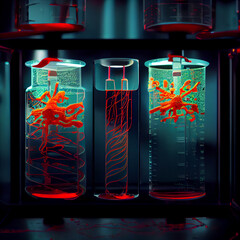 Laboratory environment drawn by artificial intelligence. Scientific, Test Tubes, micro-organisms.