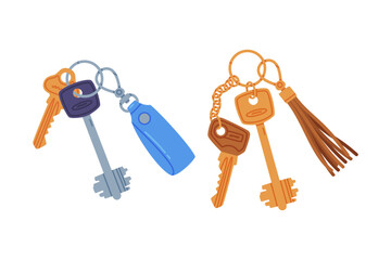 Trinket with Key Hanging with Keychain or Keyring Vector Set