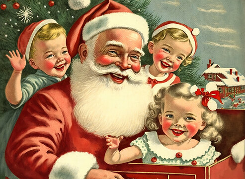 1950s vintage christmas card with santa claus and happy children 