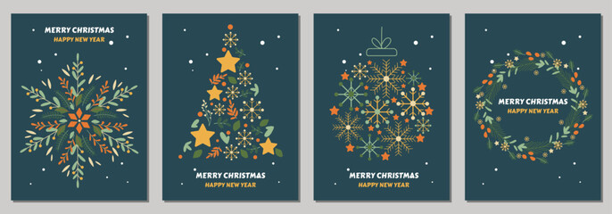 Christmas cards with merry christmas with xmas decorations and typography design. Vector illustration. Happy Holidays. Vector. Dark background.
