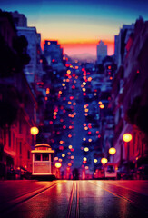 Obraz premium Street Cable Car at night, blurred background