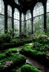 Overgrown greenhouse, conservatory with tropical plants