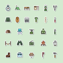 キャンプ道具カラーステッカーイラストアイコンセット