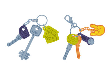Trinket with Key Hanging with Keychain or Keyring Vector Set