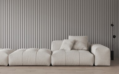 Modern minimalistic stylish living room with white sofa, decor pillows. Decorative slatted gray panel on the wall. Black metal floor lamp. 3d render - obrazy, fototapety, plakaty