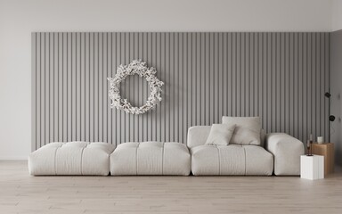 Modern minimalistic stylish living room with white sofa, decor and Christmas wreath with white berries on the wall.Decorative slatted gray panel on the wall. Mockup frame for christmas	 - obrazy, fototapety, plakaty