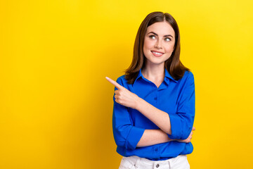 Photo of positive adorable lady office manager arm presenting empty space recommend visit store...