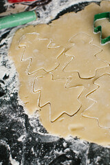 Cutting Christmas tree shapes into freshly rolled sugar cookie dough