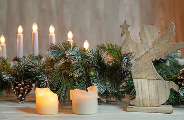 Christmas d cor at home. Candles, angel, Christmas tree