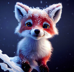 Fototapeta na wymiar Baby fox cartoon, standing in a winter landscape