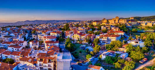 Fototapeta na wymiar Aerial drone view of city of Thessaloniki at sunset, North Greece