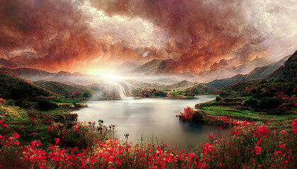 Fototapeta premium Panoramic landscape with lake view, mountains with blue sky and fluffy clouds, countryside in summer