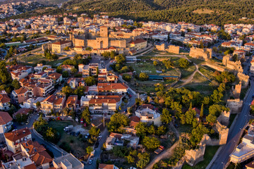 Fototapeta premium Aerial drone view of city of Thessaloniki at sunset, North Greece