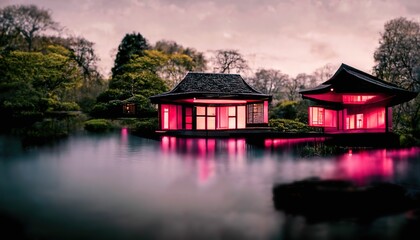 Fototapeta premium Japanese garden with cherry blossom, sakura, houses reflecting in the lake