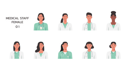 People portraits of medical staffs isolated set, female faces avatars, vector flat illustration	
