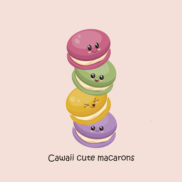 Cute and funny colourful four kawaii macaron characters on a peach  background. Vector hand drawen illustration for card, design, flyer, poster, decor, banner, web, advertising, menu, cafe