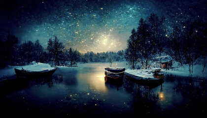 Beautiful landscape, lake, starry night, winter time - obrazy, fototapety, plakaty