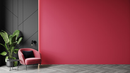 Viva magenta is a trend colour year 2023 in the luxury living lounge. Painted mockup wall for art - crimson red burgundy colour. Blank modern room design interior home. Accent carmine red. 3d render  - obrazy, fototapety, plakaty