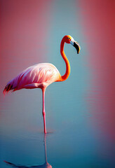 Fototapeta premium Beautiful pink flamingo posing on lake background