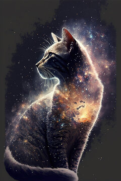 double exposure of a cat and the galaxy, whitesmoke background, space, abstract art illustration