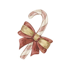 Watercolor vintage illustration with Christmas candy cane with red bow. Isolated on white background.