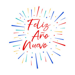 Spanish text Feliz Año Nuevo with fireworks and stars. Happy New Year. Vector illustration