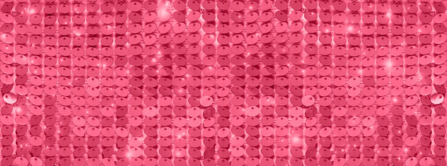Fashionable color of 2023 is Viva Magenta. Abstract blurred background. Demonstration of the color of the year for the fashion. Bright, shiny, fashionable background, banner