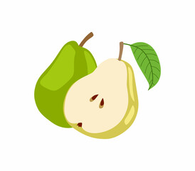 Green pear isolated on white background. Vector illustration. Cut yellow pear.