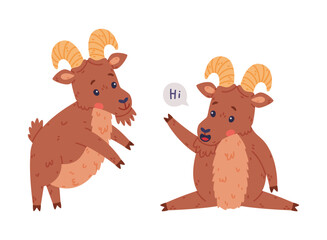 Urial Character as Wild Mountain Sheep with Horns Sitting and Greeting Vector Set