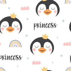 cartoon seamless pattern with cute penguin on white