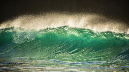 Majestic landscape image of jade turquoise waves crashing onto shore and rocks in Kynance Cove...